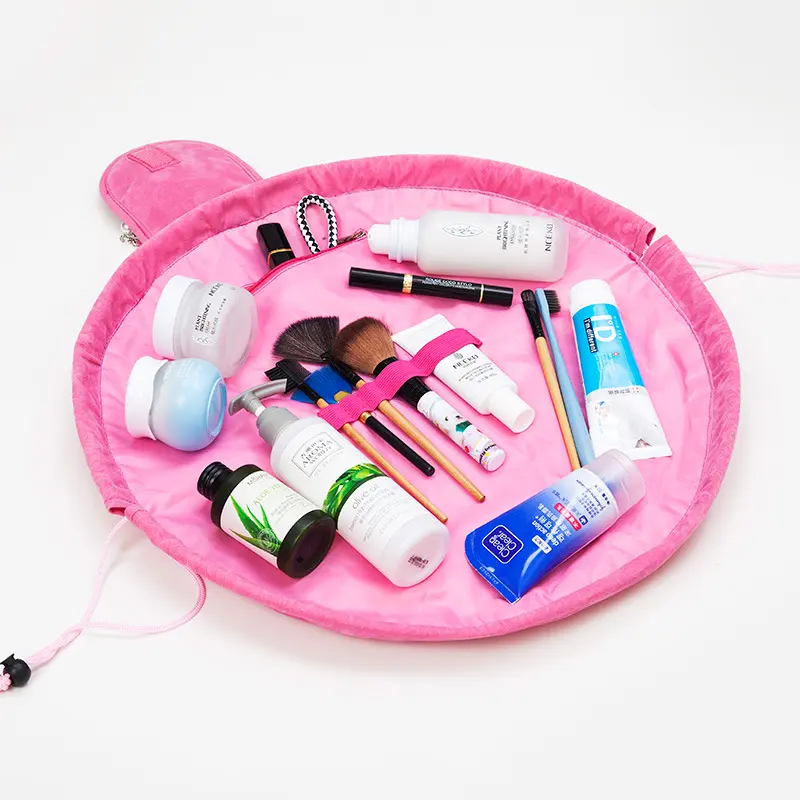 Günstige Mädchen Make-up Reise Flanell Runde Organizer Lagerung Kosmetik tasche Bio Kordel zug Schmuck Make-up Tasche Flache Make-up Tasche