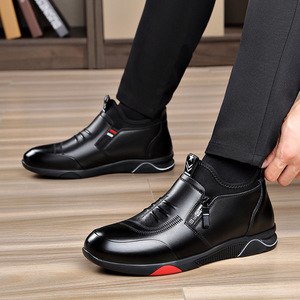 Bottes d'hiver pour hommes en cuir véritable, bout rond, doublure en fourrure, semelle en caoutchouc antidérapante, bottes chaudes pour la neige - Product Image 2