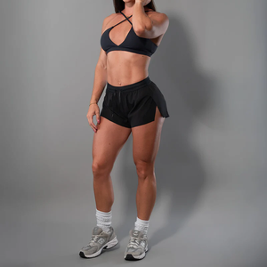 Pantaloncini da Palestra Neri per Donna con Logo Personalizzato, Fodera Integrata, Pannelli in <span class=keywords><strong>Micro</strong></span> Mesh, Cintura Ventilata, Abbigliamento Sportivo - Product Image 4