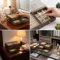Organisateur de bijoux multi-niveaux en gros avec 6 tiroirs, finition grain de noyer et compartiments en velours pour bagues et boucles d'oreilles