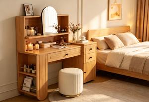 Scandinavian Beech Wood Makeup <b>Vanity</b> With Flip Top <b>Mirror</b> Storage Cabinet Bedroom Dressing <b>Table</b> - Product Image 3