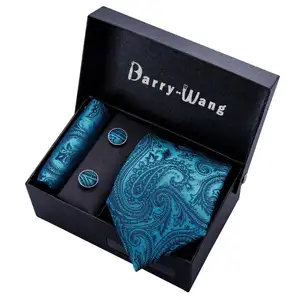 Custom Fashion Blue Paisley Luxury Packaging Necktie Set Custom Logo Silk Ties Mens Tie Sets Gift Box