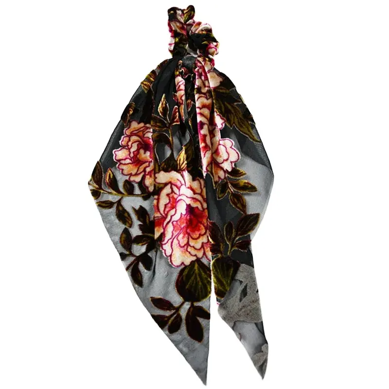 Fijne Bloemen Zijde Lange Staart Sjaal Haar Tie Vrouwen Meisje Bloemen Satijn Grote Paardenstaart Houder Scrunchies Accessoires