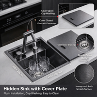 Évier de cuisine en acier inoxydable SUS304 45x38cm avec couvercle rabattable noir dissimulé pour préparation, rinçoir à verres, double égouttement, personnalisable OEM