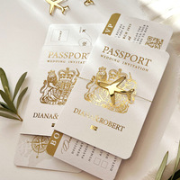 Carte d'invitation de mariage de voyage sur le thème de l'avion, style passeport, dorure à chaud, personnalisée, élégante, rectangulaire, en papier pliable, numérique