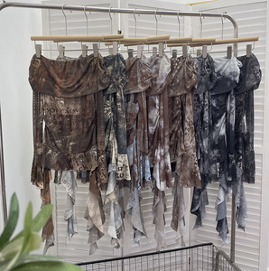 Women's Off-Shoulder Ribbon-<b>Tie</b> <b>Tie</b>-Dye Print Mesh Blouse With Pleated Long-Sleeve T-Shirt Shirt Fashion - Product Image 4