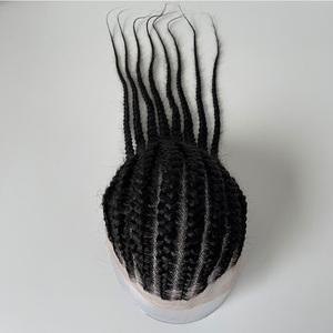 American Braids 14 pulgadas 1B Afro Toupee Sistema <span class=keywords><strong>de</strong></span> reemplazo Cutícula <span class=keywords><strong>de</strong></span> cabello humano alineado trenzado hecho a mano Unidad <span class=keywords><strong>de</strong></span> encaje completo para hombres - Product Image 4