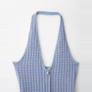 Vestido de mujer nuevo verano 2025 azul cuello Halter diseño estiramiento recortado Mini vestido Sexy Hip Wrap cuello en V moda - Product Image 2