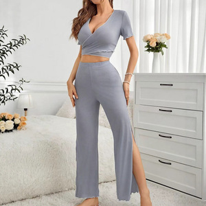 2025 New Women's Home Pajama Set, High-End Sweet <b>Bow</b>-Tie Slimming Slit Pants, Loungewear - Product Image 1