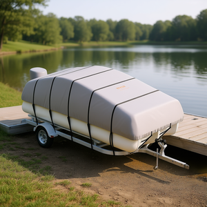 Waterproof 800D Marine Grade Pontoon <b>Boat</b> <b>Cover</b> 18-20' L With Windproof Buckle Straps And 90-120" Beam Width Protection - Product Image 2