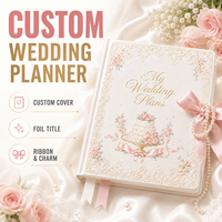 Ensemble de planificateur de mariage personnalisé LABON, carnet en tissu dentelle florale ivoire avec titre en feuille d'or, breloque nœud perlé, coffret cadeau pour liste de mariage