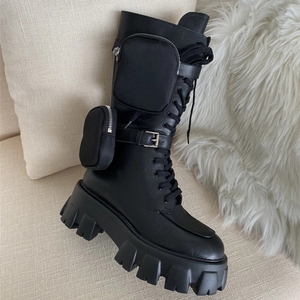 Stivali da Moto da <span class=keywords><strong>Donna</strong></span> di Alta Qualità in Vera Pelle con Tasca, Stivaletti da Cavaliere con Plateau, Lacci e Suola Spessa - Product Image 4