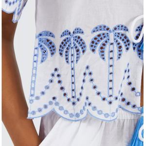 Conjunto de Dos Piezas de Lino Casual para Mujer, Estilo Nuevo y Moderno, Camiseta Sexy de Manga Corta, Pantalones Cortos hasta la Rodilla, Bordado, Lona Sólida - Product Image 3