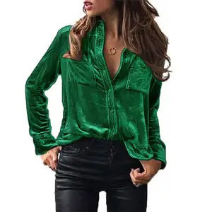 2022 Autumn and winter velvet long sleeve pocket shirts ladies solid color button mujer de moda blouse tops