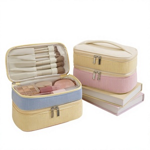 Bolsa de Maquillaje de Viaje de Doble Capa de Pana, Gran Capacidad, Portátil, con Soporte para Brochas, para Cosméticos y Artículos de Aseo - Product Image 4