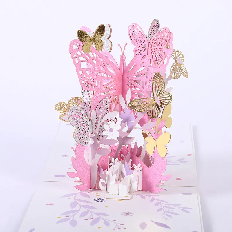 Damai Creatieve 3d Vlinder Holle Roze Paarse Bloemen Wenskaarten Vouwen Uitnodiging Kaart Kids Birthday Mother 'S Day Kaarten