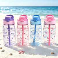 Bouteille d'eau PC 500 ml transparente avec paille, bouteille d'eau en plastique à bouton-poussoir anti-fuite, portable pour sports de plein air, pour enfants