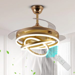 Moderno ventilador de techo negro y dorado de lujo con luz LED y candelabro colgante de cristal con control remoto - Product Image 1