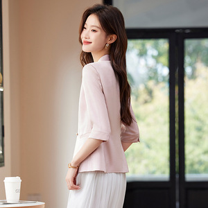 Pink Three Quarter Sleeve Blazer For Women Summer Thin Collarless Slim Fit Elegant Casual Solid Color Polyester Breathable - Product Image 4