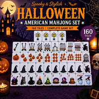 Jeu de Mahjong américain Halloween Sorcière, Balai et Citrouille, Tuiles en acrylique 4 couches, 160 pièces, Coffret cadeau de luxe avec accessoires complets
