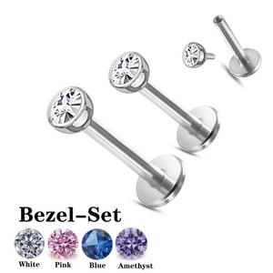 ASTM F136 <strong>Titanium</strong> 16G Internal Thread Bezel Set CZ Top Labret Piercing Lip <strong>Ring</strong> Earring Jewelry Wholesale - Product Image 1