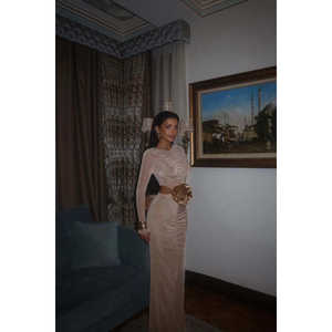 Vestido de Noche Formal Beige Fierello, Largo hasta el Suelo, Corte en A, con Lentejuelas, Apliques de Encaje, Poliéster, Talla XL, Mangas Cortas, Patrón 3D - Product Image 5