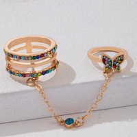 Go Party Nouveauté Bagues de phalange à chaîne articulée pour deux doigts, ajustables et ouvertes, avec pampille papillon et diamants brillants, pour femmes et filles