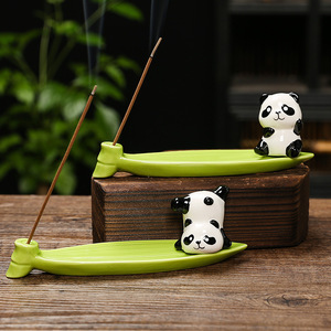 Ceramic Panda Incense Burner Green Leaf Shape <b>Hand</b> <b>Made</b> For Desk Tea Table Decor Therapeutic Aromatherapy Gift - Product Image 1