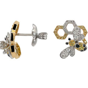 Pendientes de Botón con Diseño de Panal, Oro de 18K, Diamantes Blancos, Amarillos y Negros, Joyería de Animales Adorables, Hipoalergénicos, Accesorio para Mujer, Regalo - Product Image 1