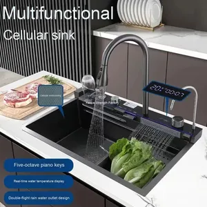 Air Terjun dapur Stainless Steel 304, mangkuk tunggal wastafel dapur menebal pencucian sayuran tampilan Digital Nano Stainless Steel