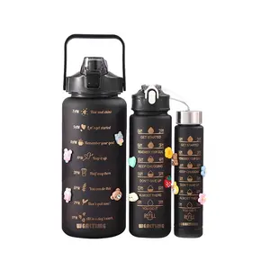 Black color 3 pieces set motivational water bottle with 2D and 3D stickers custom logo