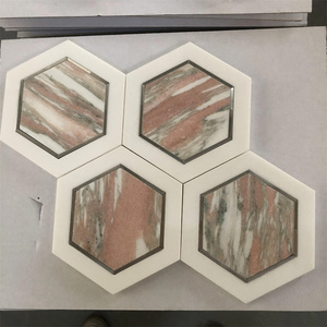 六角形ピンクレッド大理石モザイクタイル10mm厚パーケット装飾、インテリア壁装飾、ホテル、グラフィックデザイン用 - Product Image 1