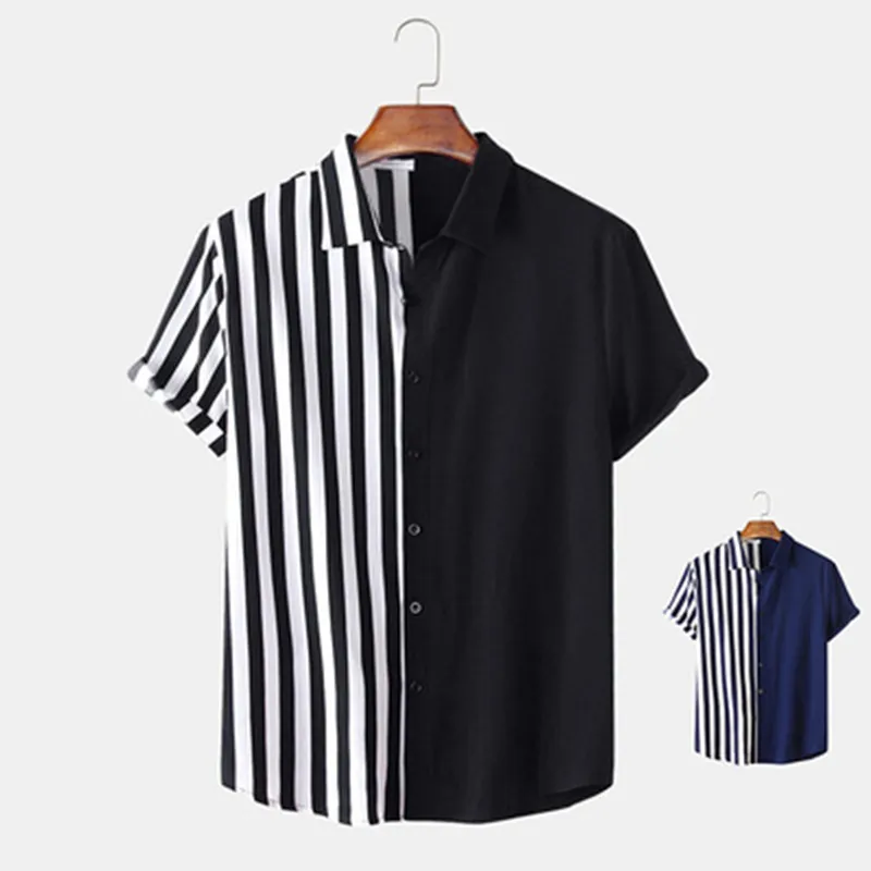 2024 nueva camisa de manga corta con solapa de talla grande para hombre, camisa informal de algodón puro con estampado de rayas de dos colores para hombre