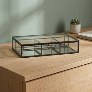 Caja rectangular de vidrio para joyas con marco de metal negro y asa de anillo para almacenamiento - Product Image 4