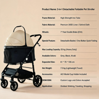 Poussette de luxe pour animaux de compagnie, imperméable, réglable, 4 roues, pour extérieur, avec éclairage de sécurité, pliable, extensible, en Oxford, pour chats et chiens de grande taille