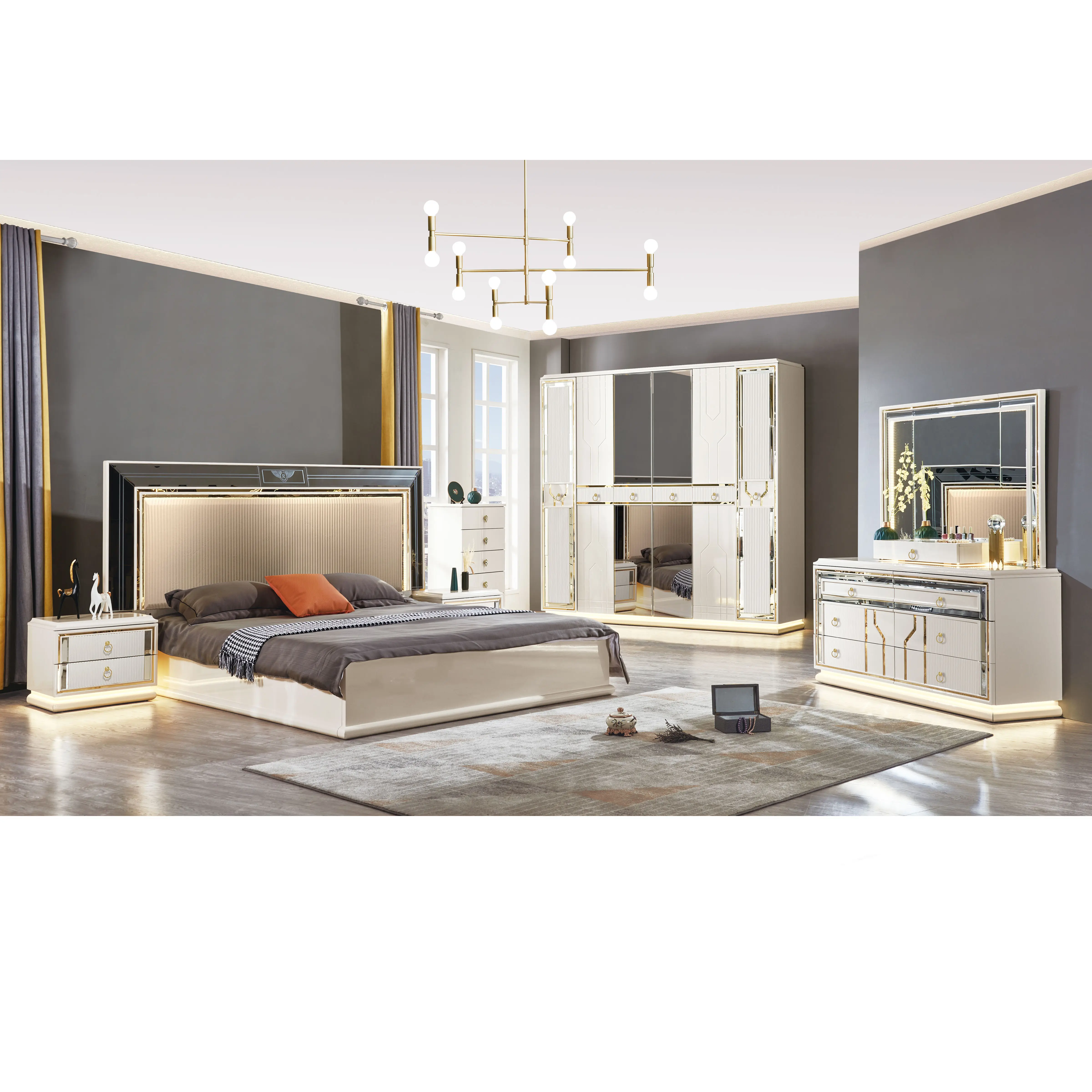 Jogo de quarto espelhado estofado cama grande romântica clássica novo design