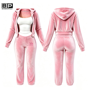 Tuta in Velluto Leopardata da Donna con Logo Personalizzato, Set 2 Pezzi con Giacca Corta con Zip e Cappuccio a Righe e Leggings Capri, Stile Y2K - Product Image 2