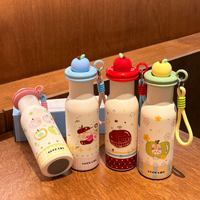 Botella de Agua Aislada al Vacío con Tapa en Forma de Manzana de 500 ml, Vaso de Acero Inoxidable con Estampado de Dibujos Animados, Termo Portátil con Cordón