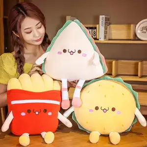 Atacado Personalizado Simulado Cartoon Sandwich Chips Hamburger Stuffed Toys Plush Food Almofada Travesseiros