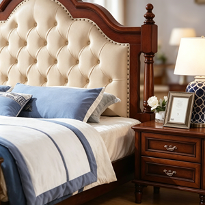 Traditional Mahogany Queen Size Upholstered Bed Frame with Faux Leather Headboard and Wood Construction - Product Image 5