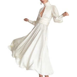 Vintage Raso Cut-Out <span class=keywords><strong>Maxi</strong></span> Vestito Delle Donne del Vestito Elegante Del Manicotto di Soffio Aperto Indietro Increspato Dettaglio - Product Image 3