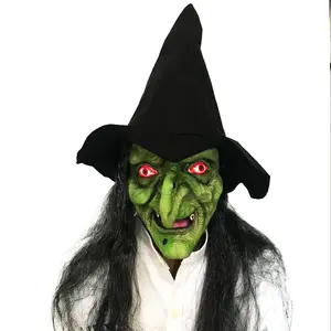 Halloween Topeng Pesta Menakutkan, Penyihir Topi Cosplay Kostum Masker Wajah Wig Rambut Manusia Set Topi