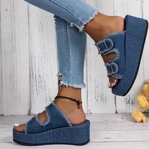 Taglia grande 35-43, fibbia in pelle denim con tacco zoppo, sandalo con un piede per abbigliamento estivo da donna, 2024 nuove pantofole con suola spessa - Product Image 2