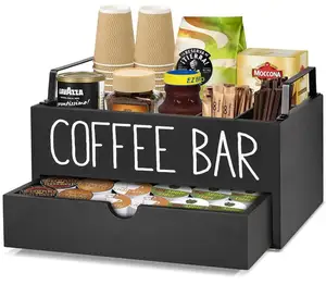 Coffee Station Organizer with Drawer, Wooden Coffee Bar Accessories Organizer for Counter, Farmhouse K-cup Coffee Pod Holder