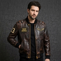 Blouson Bomber en Cuir PU Personnalisé Style Vintage Vieilli avec Fermeture Éclair et Broderie Moto, Coupe-Vent pour l'Extérieur et la Conduite