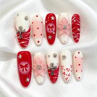 Faux Ongles Longs Ovales Faits Main à Coller, Rouge Blanc Rose, Nœud, Fleur 3D, Croix Argentée, Étoile, Classiques Brillants, Lot de 10 Faux Ongles