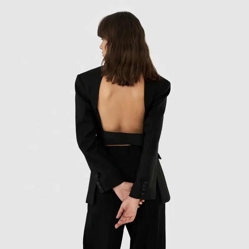 OEM Doppelreihe Knopfanzug hohle Ausschnitt Slim-Fit offen Rücken V-Ausschnitt lange Ärmel schwarz sexy Blazer für Damen