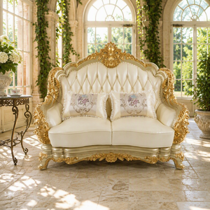 Sofá de cuero de dos plazas estilo europeo con respaldo capitoné y brazos con volutas para sala de estar - Product Image 3