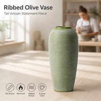 Vase en céramique YBH côtelé vert olive pour la décoration intérieure, vase à fleurs à rayures horizontales, vases hauts artisanaux modernes, vente en gros, logo personnalisé