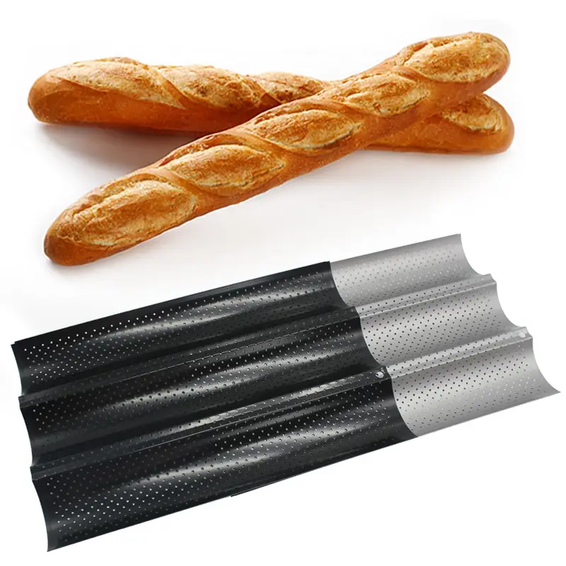 Hochwertiges antihaftbeschichtetes perforiertes Baguette-Pfäß-Kit 2/3/4 Welle-Löffel Brötchenform mit Profi-Couch Brotlöffel und Teigschneider